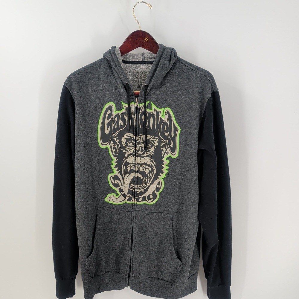 Vintage‎ Gas Monkey Garage Graphic Fleece Full Zip Hoodie Gray Black Size L